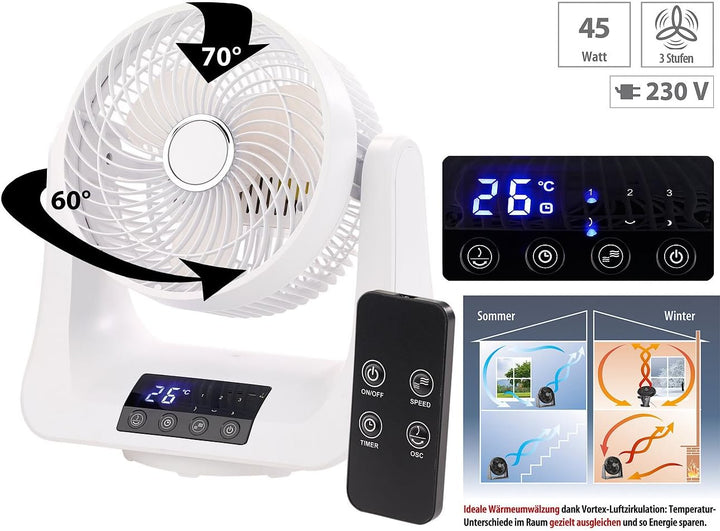 Sichler Haushaltsgeräte Raumlüfter: Digitaler 3D-Robo-Raumventilator & Luftzirkulator, 45 Watt, Ø 21