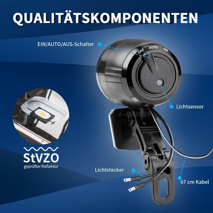 E-Bike Dynamo LED Fahrradlicht Vorne, 30-120 LUX StVZO Zulassung Frontlicht, Fahrradlicht mit Reflek
