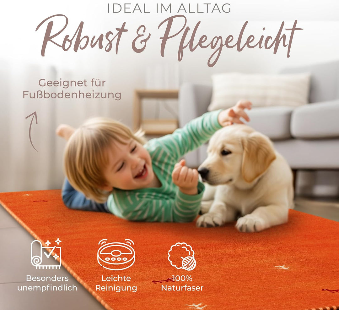 carpetfine Wollteppich Gabbeh Uni Läufer Orange 60x180 cm | Moderner Teppich für Wohn- und Schlafzim