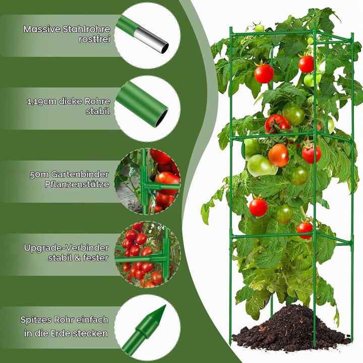 3 Stück Tomatenkäfige Quadratische Tomaten Rankhilfe, 130cm Verstellbar Tomatenturm Rankgitter Mit 5