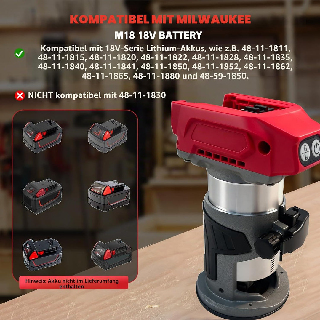 800 W schnurloser Holzfräser für Milwaukee M18 18 V Akku, Aluminiumbasis, bürstenloses 30000 U/min,