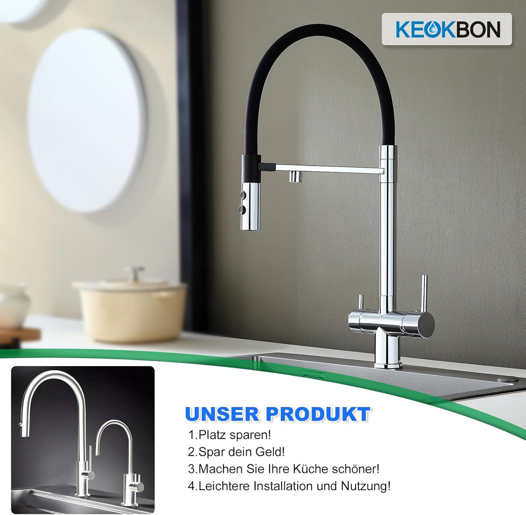KEOKBON 3 Wege Wasserhahn, 360° Drehbar Küchenarmatur mit 2 Funktion Brause, 3 in 1 Mischbatterie Tr