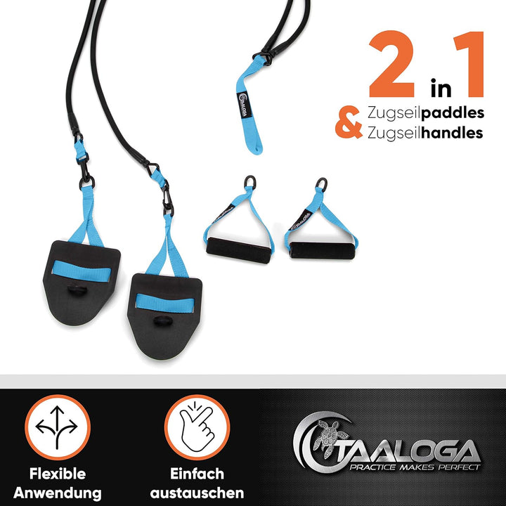 TAALOGA® 2in1 Zugseil Schwimmen I Schwimmtraining I Zugseiltraining mit Handpaddles und Griffen