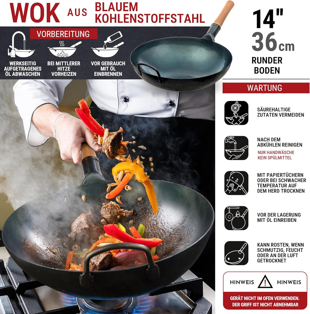 YOSUKATA Karbonstahl Woks & Wokpfannen (36 cm) -Voreingebrannter Wok Pfanne Carbonstahl Runder Boden