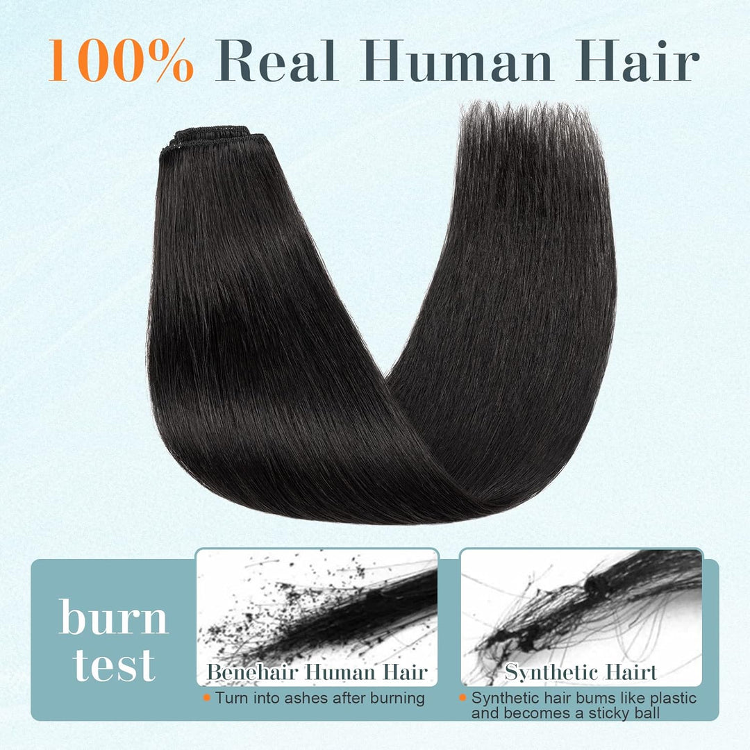Benehair Clip in Extensions Echthaar, 8 Stück 100% Echtes Haar Extension 55g, Dunkles Schwarz Haarve