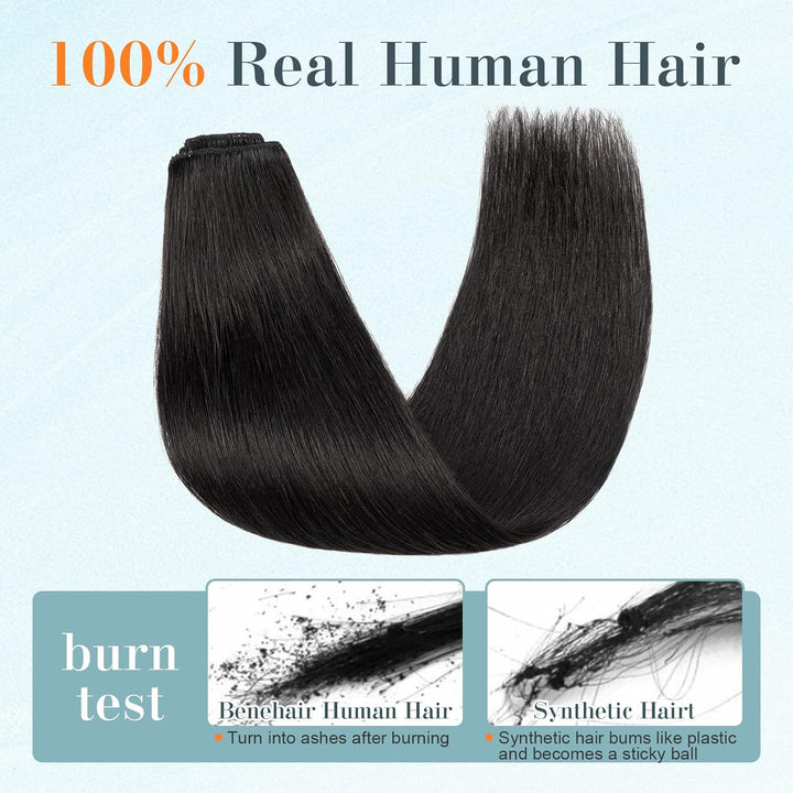 Benehair Clip in Extensions Echthaar, 8 Stück 100% Echtes Haar Extension 55g, Dunkles Schwarz Haarve