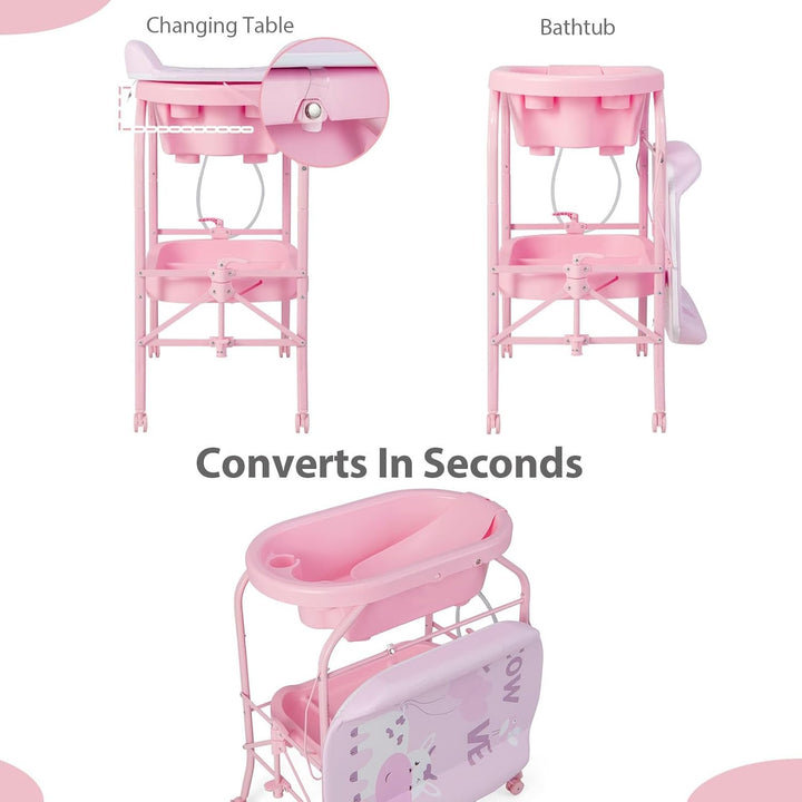 LIFEZEAL Wickeltisch mit Badewanne, 2 in 1 Flatbare Bade-Wickelkombination auf Räder, Badewannenaufs