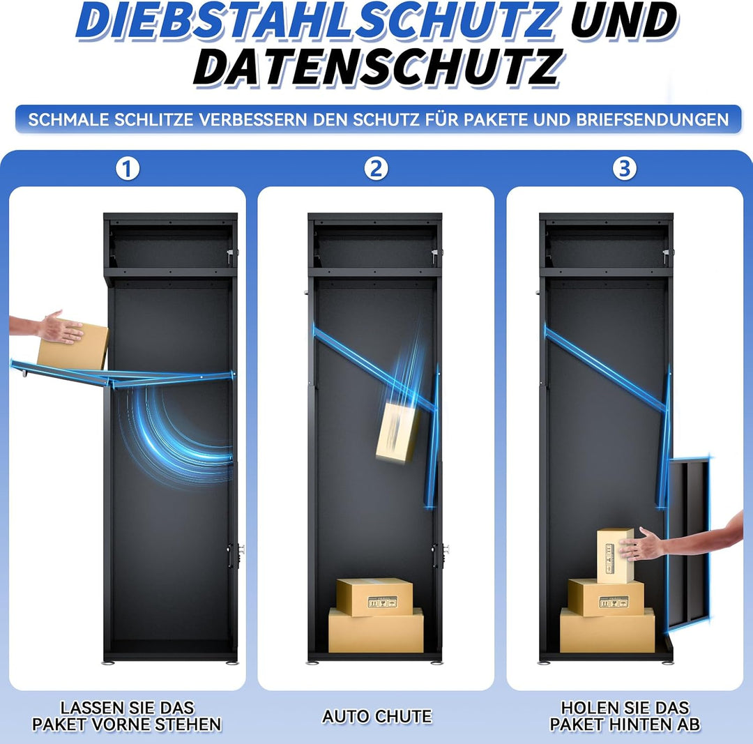 Paketkasten für draussen - Abschliessbarer schwarzer Metall-Paketkasten, Anti-Diebstahl, IPX3 wasser