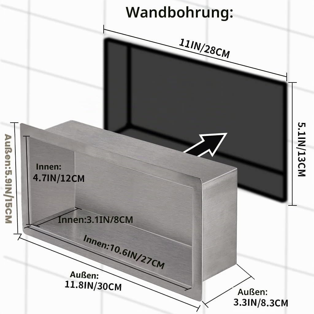 Skelang Badezimmer-Regal, Dusche, Einbau-Dusche, Edelstahl, 15 × 30 cm, Masse des Wandlochs: 13 × 28