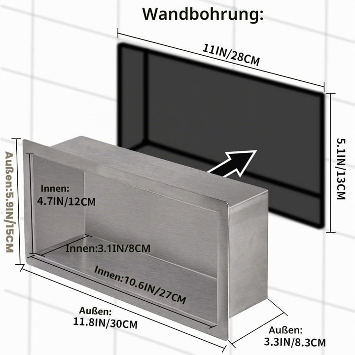 Skelang Badezimmer-Regal, Dusche, Einbau-Dusche, Edelstahl, 15 × 30 cm, Masse des Wandlochs: 13 × 28