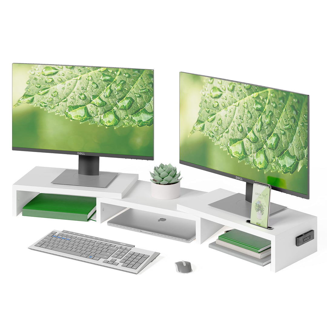 BONTEC Monitorständer Holz, Dual Monitor Stand Riser mit Handyhalter, Verstellbare Länge und Schwenk