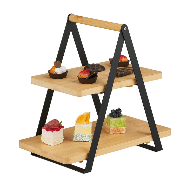 Relaxdays Etagere, 2 Etagen, Bambus, Metall, länglich, Griff, Kuchen, HBT 33 x 34 x 19 cm, Servierst