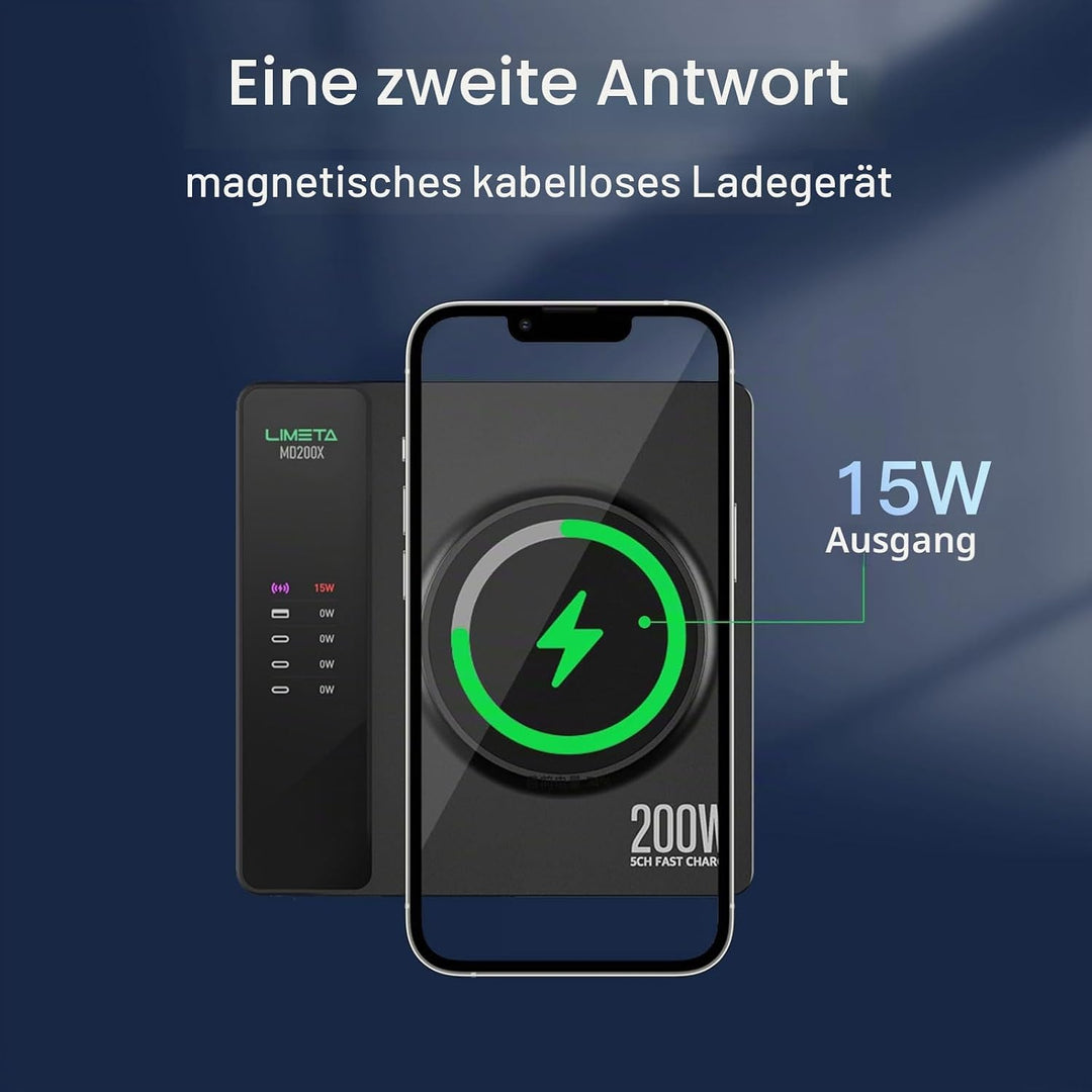 LIMETA 5-Port Ladegerät USB C Schnellladegerät PD3.0 Kabellos Magnetisch Induktive Handy Ladestation