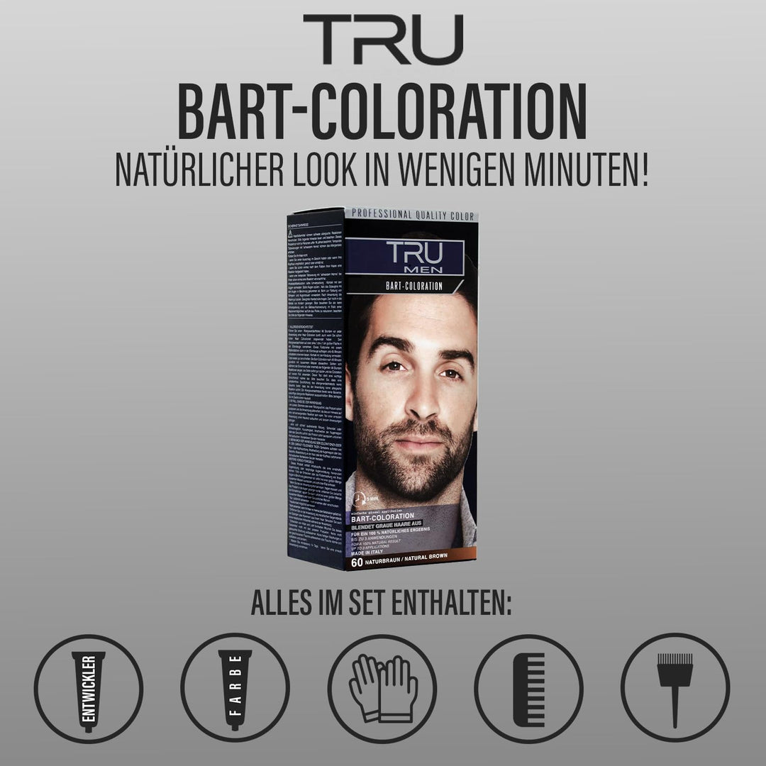 TRU Men Bart-Coloration Färbemittel, 30ml (60 - Naturbraun) 3er Pack – Perfekte Abdeckung grauer Haa