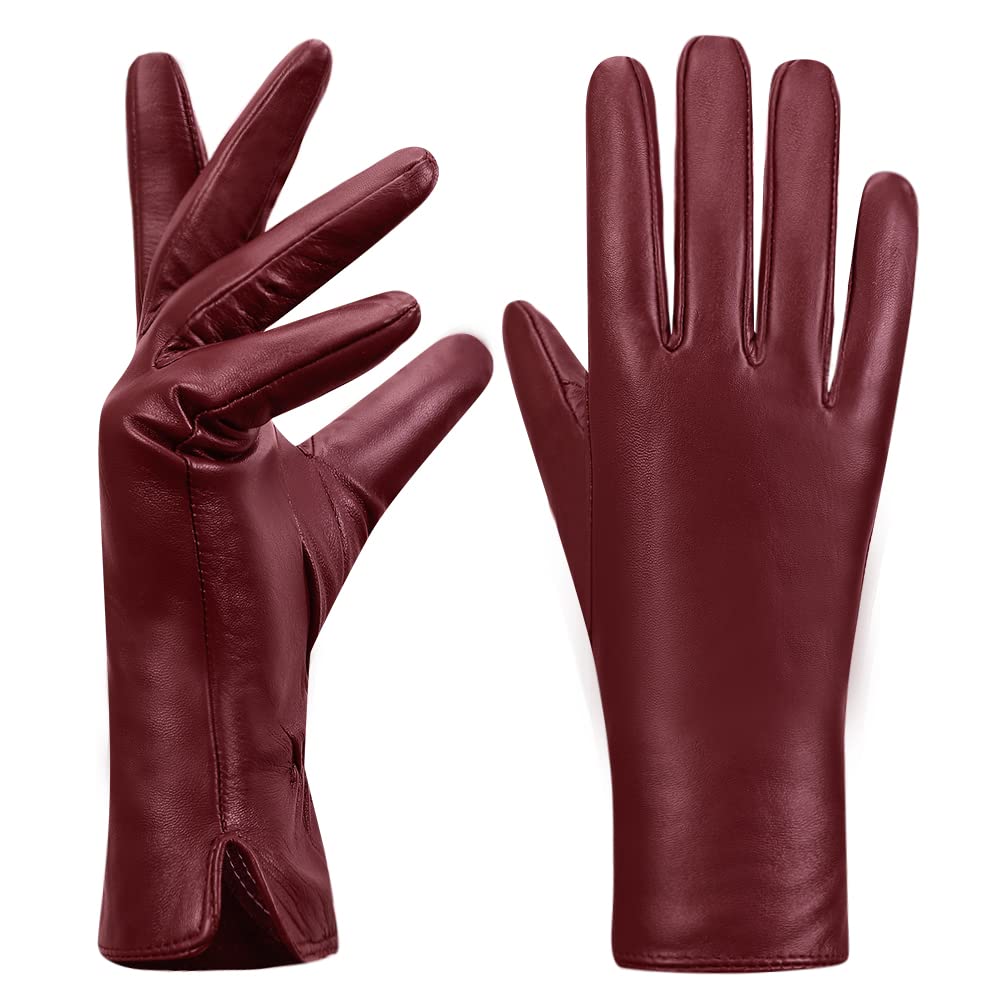 MGGMOKAY Damen Lederhandschuhe Kaschmir gefüttert, S Weinrot(thouchscreen)