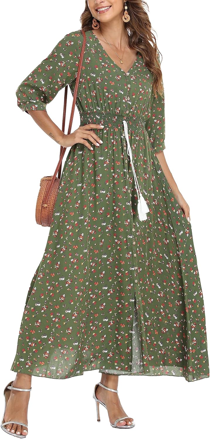 Damen Lange Split Knopf Up Sommer Maxikleid Floral Strandwear Holidy Kleid Hohe Taille mit kurzen Är