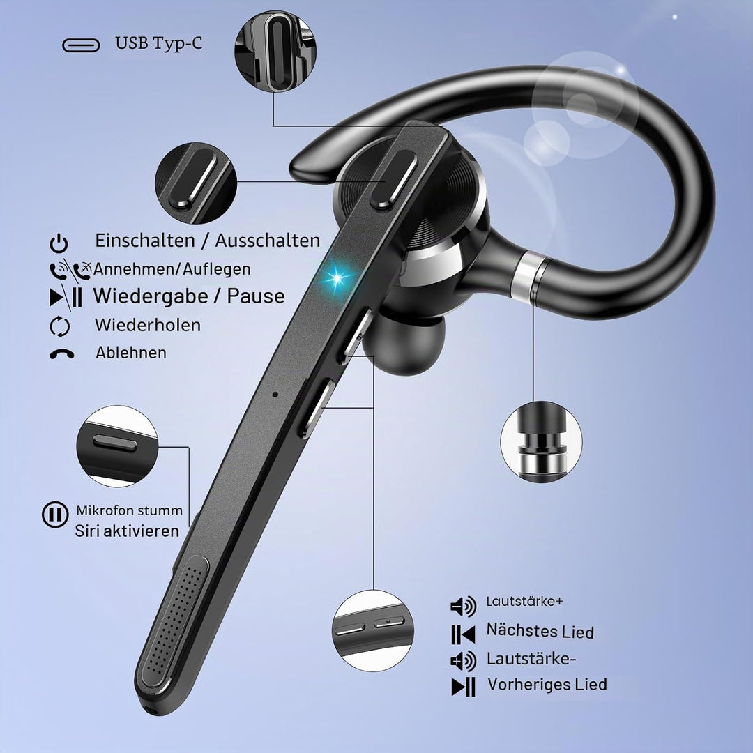 Bluetooth Headset V5.3, Wireless Freisprech Telefon mit CVC 8.0/ENC Dual Mic, APTX, Mute Zwei-Geräte