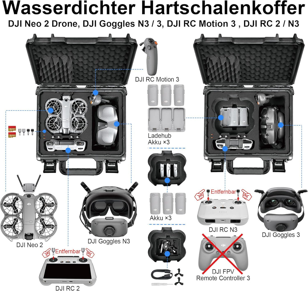 LEKUFEE wasserdichte Harte Transportkoffer für DJI Neo 2 Drohne, Fly More Combo, DJI RC 2, RC N3, Go