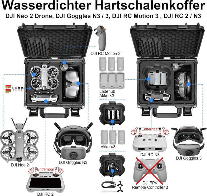 LEKUFEE wasserdichte Harte Transportkoffer für DJI Neo 2 Drohne, Fly More Combo, DJI RC 2, RC N3, Go