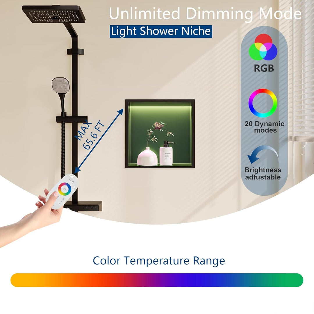Wandnische Dusche Edelstahl mit RGB LED-Licht, Eingebettete Duschnische Schwarz Einzelregal Lagerung