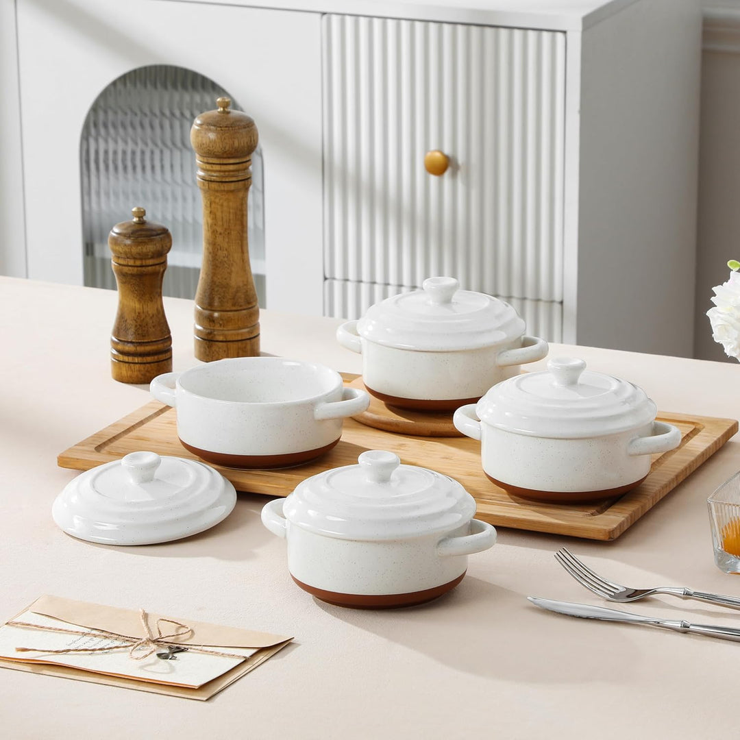 MALACASA Mini Cocotte Set 440 ml, 4 Stück Auflaufform Klein aus Steingut mit Deckel und Griffen, Kle