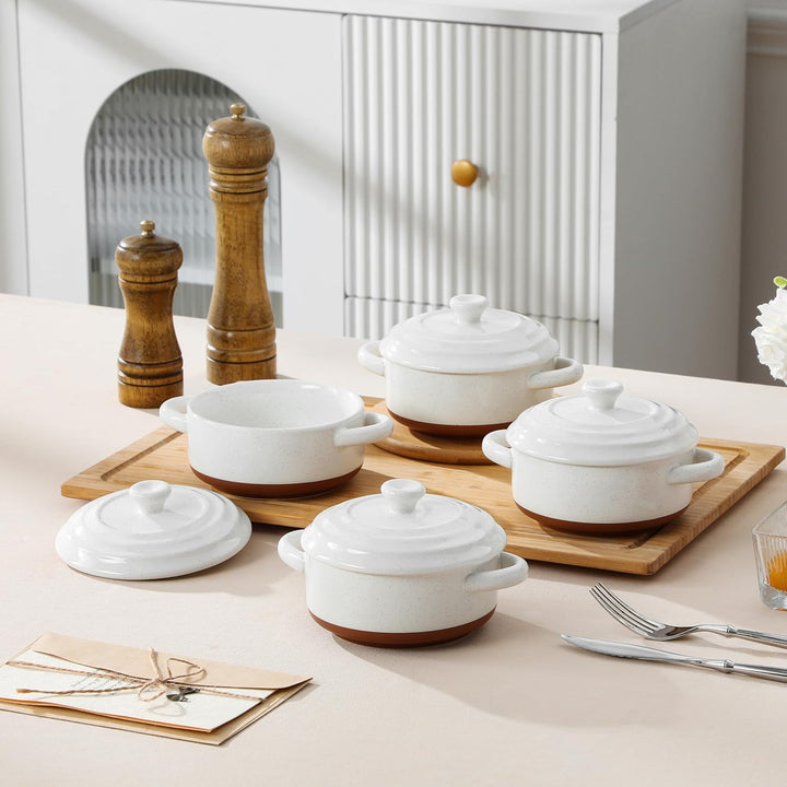 MALACASA Mini Cocotte Set 440 ml, 4 Stück Auflaufform Klein aus Steingut mit Deckel und Griffen, Kle