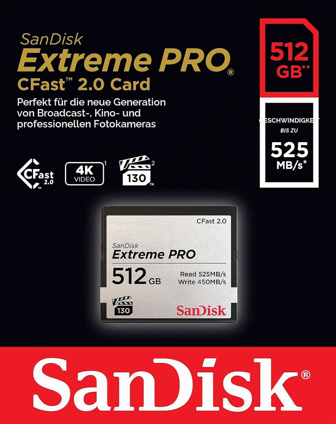 SanDisk Extreme Pro CFast 2.0 Speicherkarte 512 GB (Für Kameras und Camcorder, VPG-130 für 4K Videos