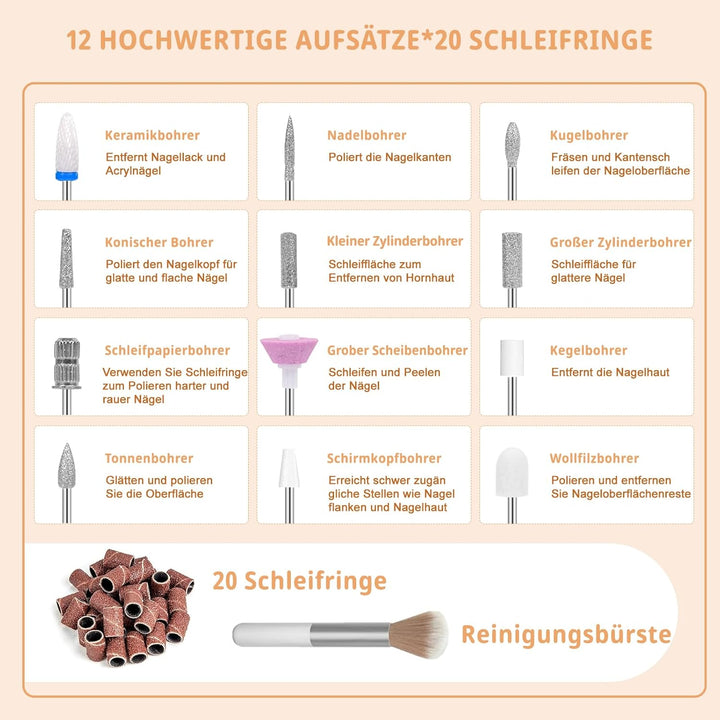 Professionelle Elektrische Nagelfeile 45000U/M für Gelnägel und Acrylnägel mit LCD-Display, Bit-Lock