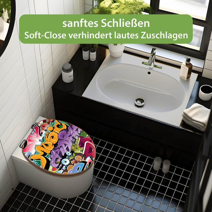 banjado® Design WC Sitz Bambus Absenkautomatik mit Motiv Graffiti/Toilettendeckel mit Absenkautomati