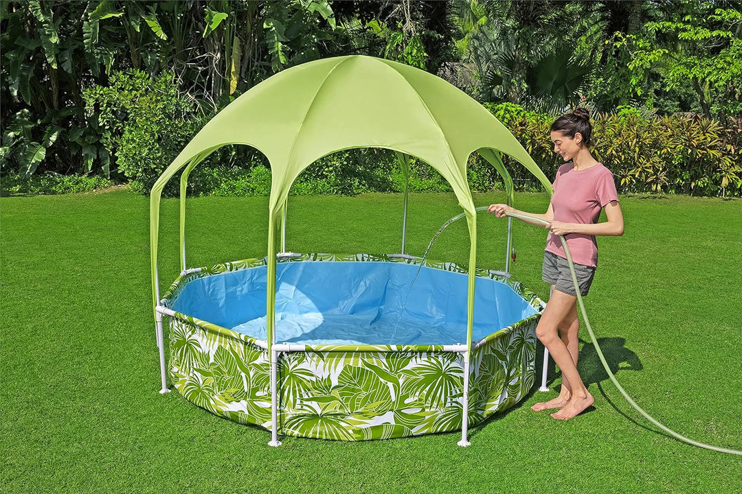 Bestway Steel Pro Frame Pool mit Sonnenschutzdach "Splash-in-Shade" ohne Pumpe Ø 244 x 51 cm, buntes