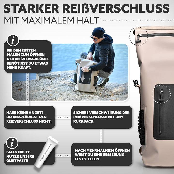 wasserdichter Rucksack tauchfähig - 100% sicher, 30-35l Volumen inkl. 17" Laptopfach und Rolltop, Ru
