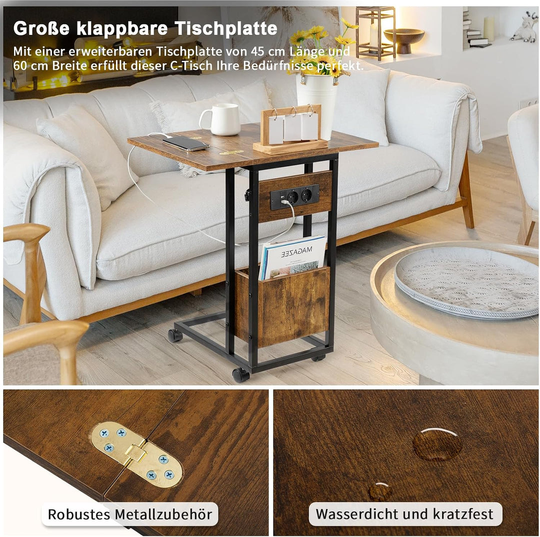 Hadulcet Beistelltisch Couch, Beistelltisch c Form, klappbare Tischplatte, Laptoptisch mit Rollen, L