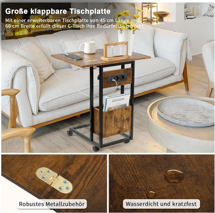 Hadulcet Beistelltisch Couch, Beistelltisch c Form, klappbare Tischplatte, Laptoptisch mit Rollen, L