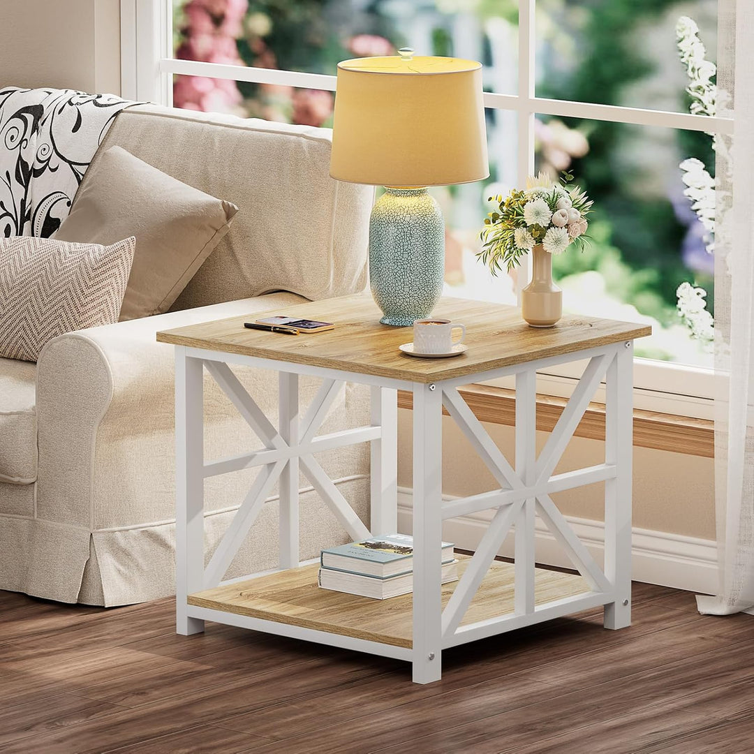 GreenForest Beistelltisch mit 2-stufigem Ablagefach,50 cm quadratischer Wohnzimmertisch, praktischer