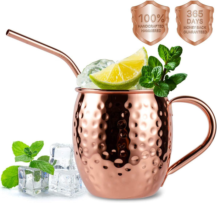 Eligara Moscow Mule Becher Kupferbecher Gehämmert und Handgefertigt Kupfertassen mit 4 Gläsern, 4 Un
