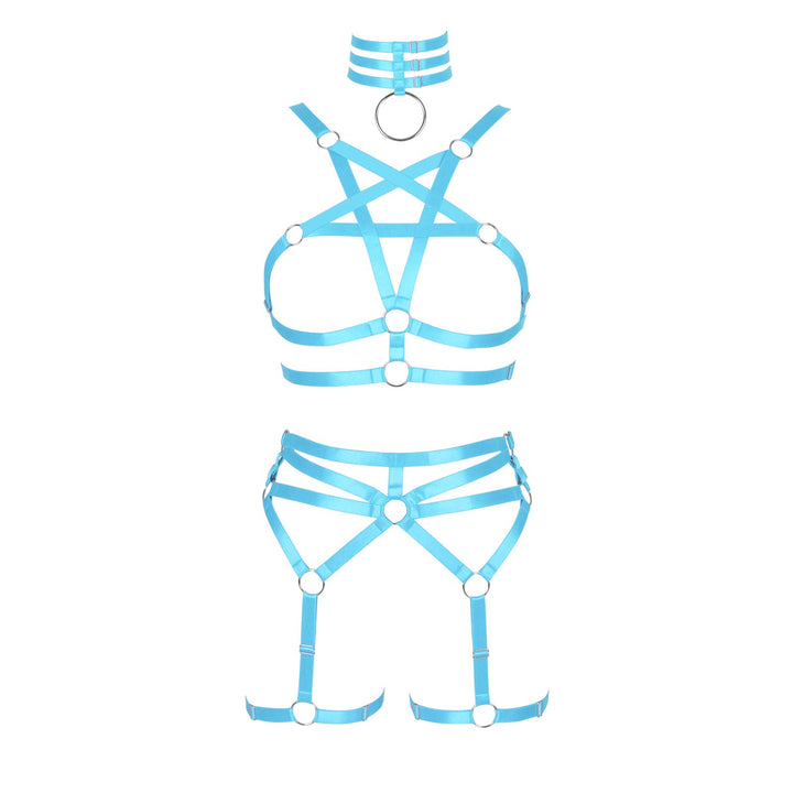 Damen Body Harness Pentagramm BH Set Punk Strumpfband Bein Taille Tanz Elastic Gothic Carnival Zubeh