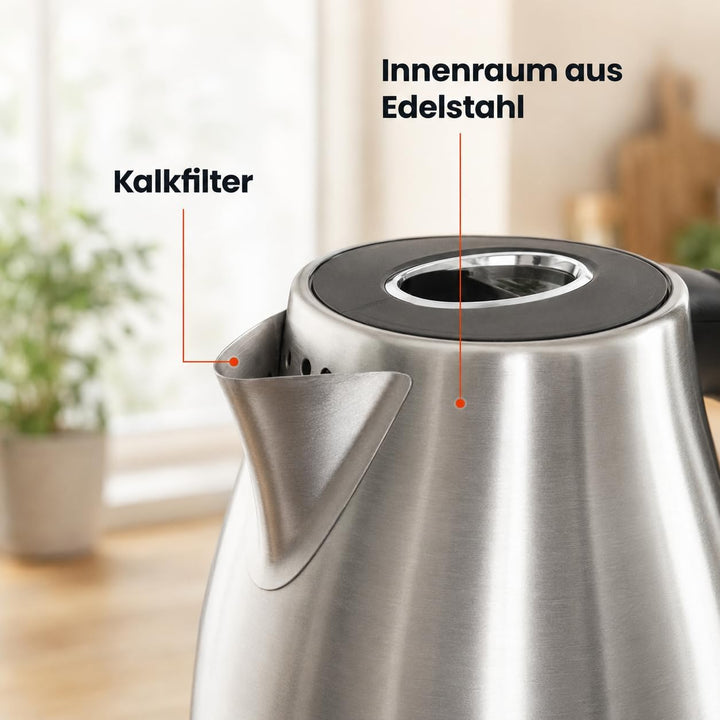 Retro Wasserkocher 1,7L aus Edelstahl, 2200W, mit Temperaturanzeige, Schnellkochfunktion, kabellos m