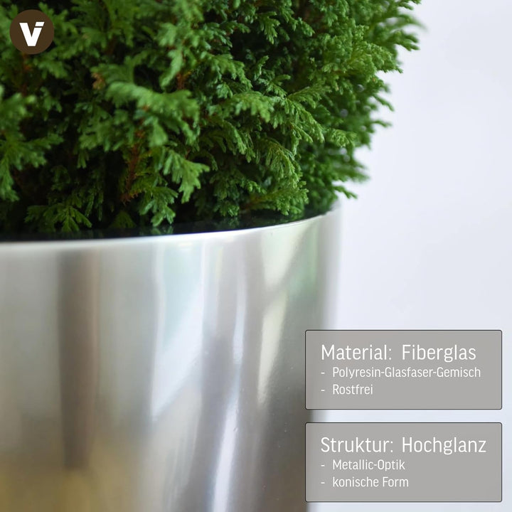 VIVANNO Pflanzkübel Pflanzgefäss Blumenkübel Fiberglas Silber Metallic OPALA (55x40), Silber Metalli