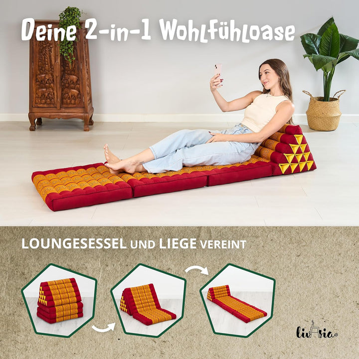 livasia Thaikissen 3 Auflagen extrahoch - 185x55x8cm - Dreieckskissen mit Klappmatratze, Kapok, Jumb