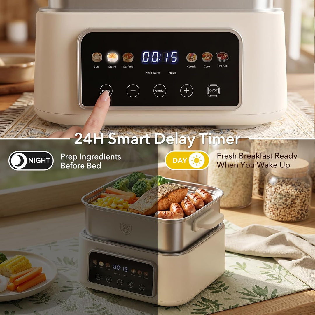 Fulgutonit 304 Edelstahl Elektrischer Dampfgarer 12.5L | 2 Ebenen, 6 Smart-Programme,24h Timer, Damp