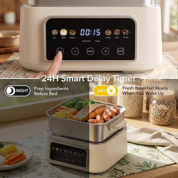 Fulgutonit 304 Edelstahl Elektrischer Dampfgarer 12.5L | 2 Ebenen, 6 Smart-Programme,24h Timer, Damp