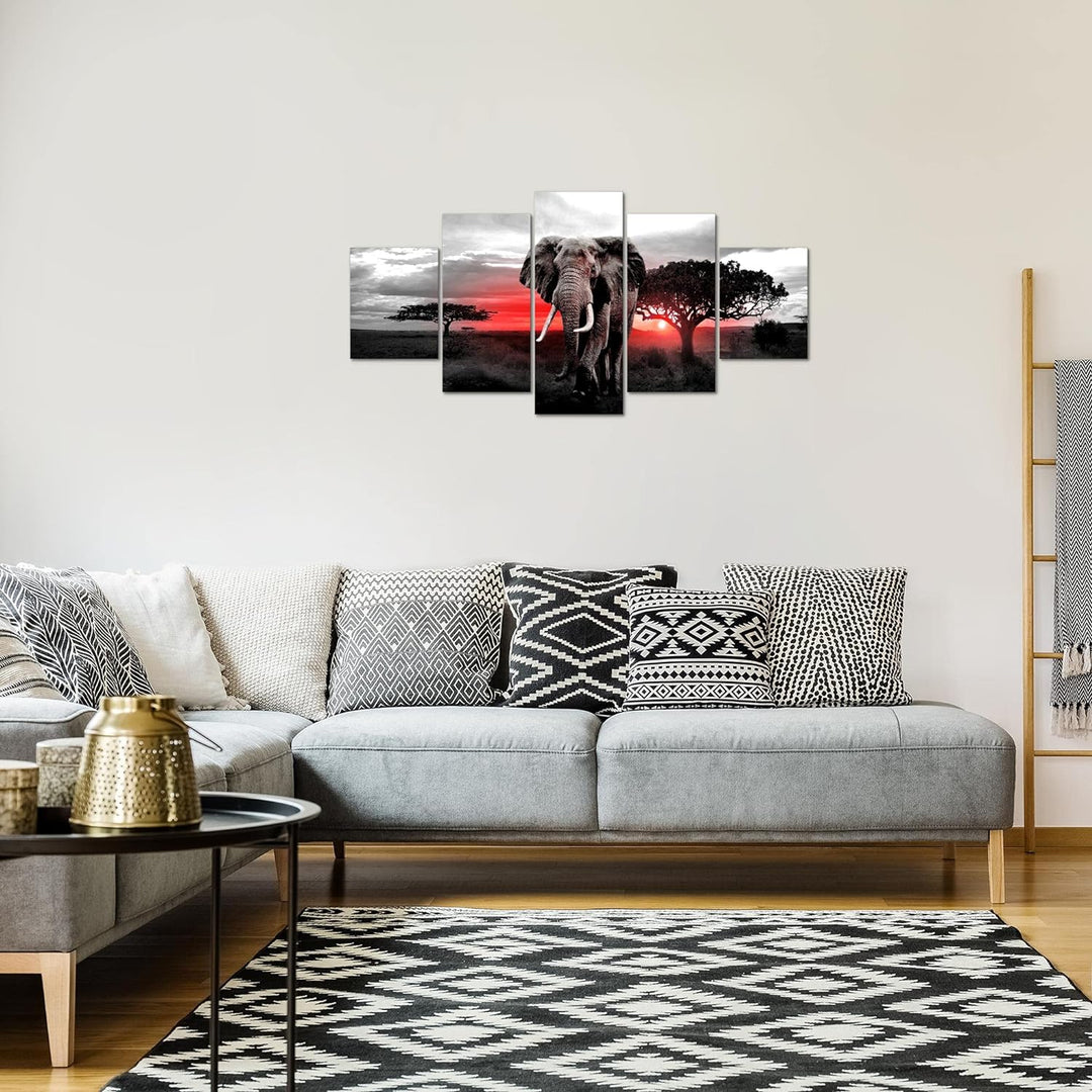 Runa Art Bild Wohnzimmer Schlafzimmer Afrika Elefant 5 Teilig Savanne Grau Rosa Wandbilder auf Vlies