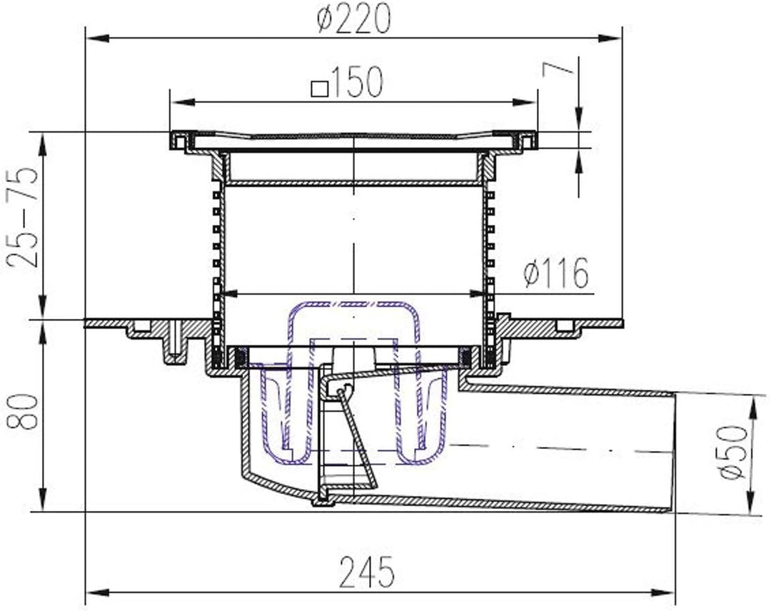 VONLIS DN50 Badablauf Duschablauf Balkonablauf Terrassenablauf Siphon Innen Aussen Edelstahl Eckig K