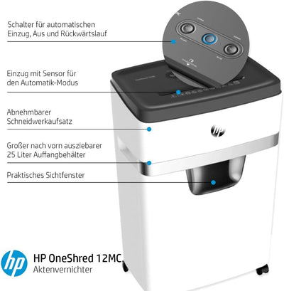 HP OneShred 12MC, Aktenvernichter, Sicherheitsstufe P-5, Micro Cut, 12 Blatt, 2806 weiss 12 Blatt Mi