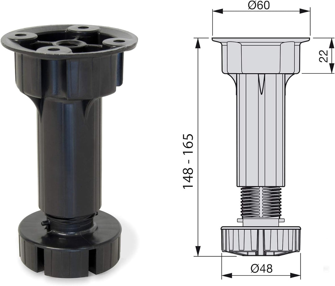 Emuca 2032617 Set aus 10 Sätzen aus 4 regulierbaren Füssen für Küche/Bad mit Zubehör Höhe 148-165mm
