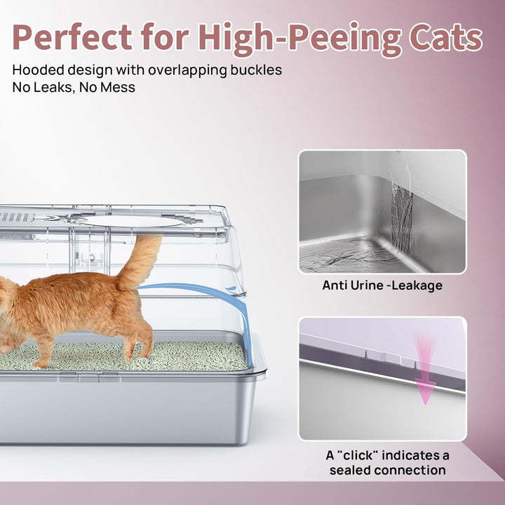 XXL Katzentoilette Edelstahl (V2A) - 3-in-1 Geschlossenes Katzenklo mit 160° Klappdeckel & Geruchsfi