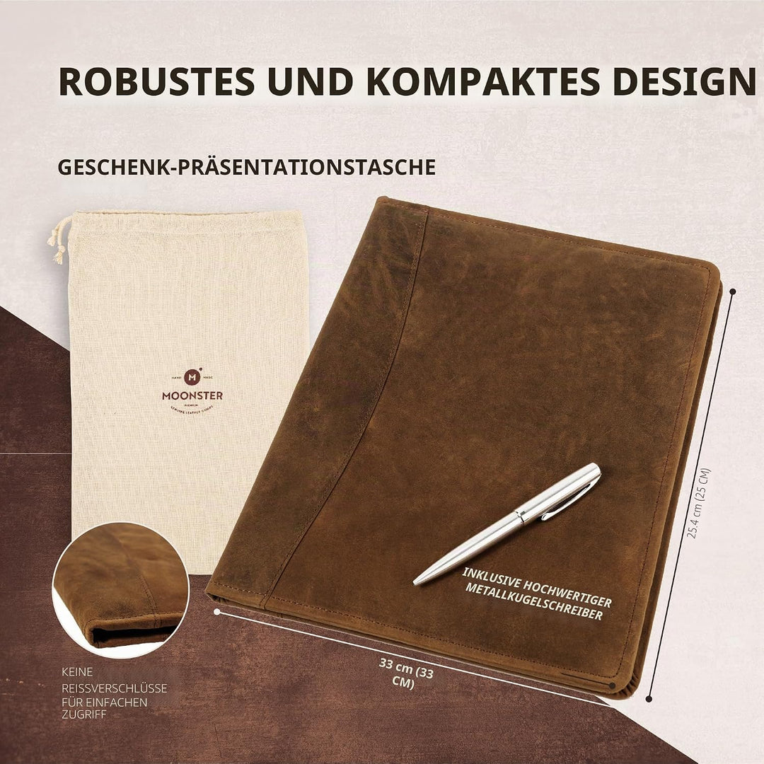Moonster Professional Portfolio aus Leder Dokumentenmappe A4 - Schreibmappe A4 Format mit Luxus Stif