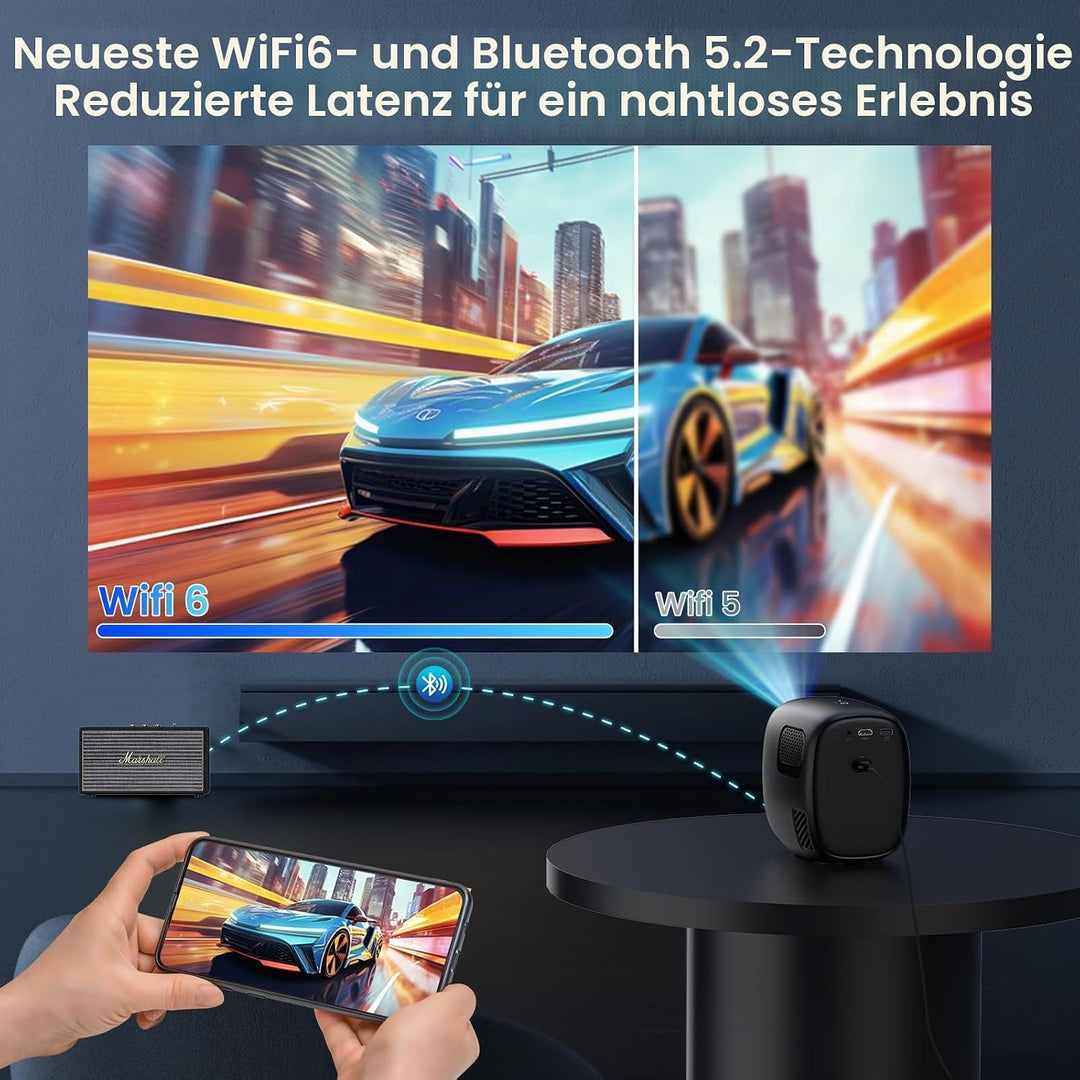 Smart Mini Beamer,1080p mit Beamer 4K, automatische trapezförmige Kompensation, mit WiFi 6 und Bluet