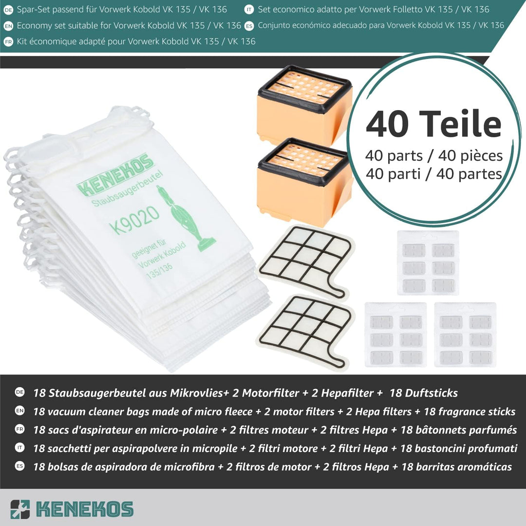 Kenekos - SPARSET 18 Staubsaugerbeutel Microvlies + 2 Hepafilter + 2 Motorschutzfilter + 18 x Duft g