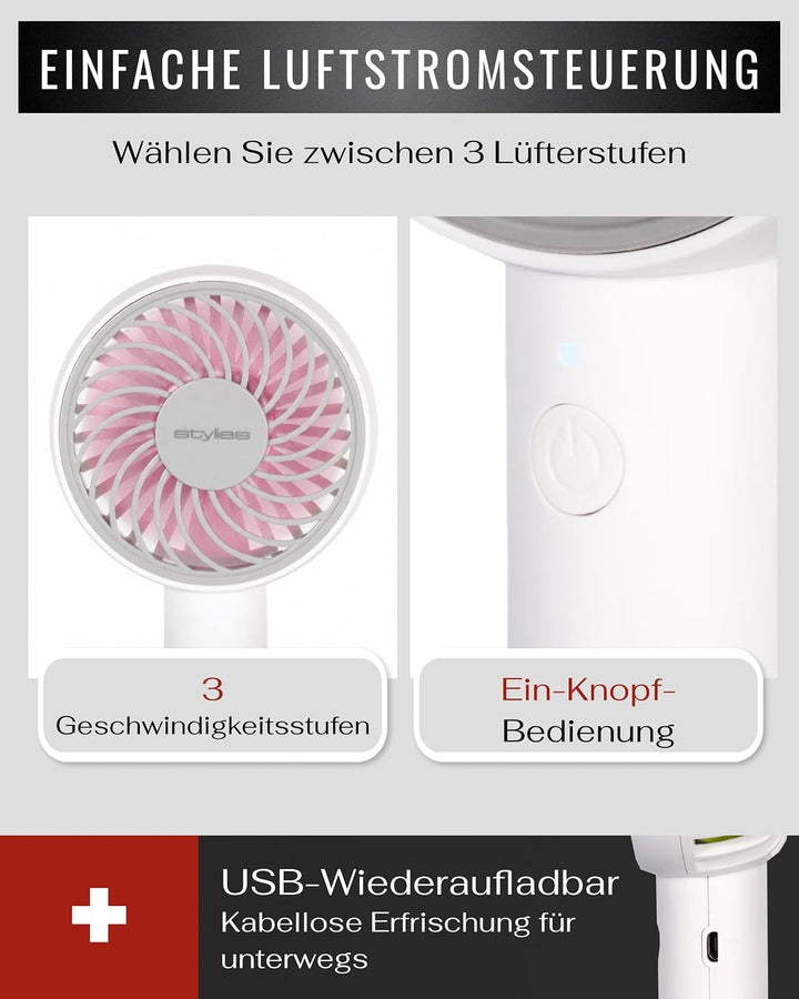 Lacerta Mini Ventilator hand Handventilator Akku aufladbar USB Rosa | Akkuventilator mit USB-Ladung,